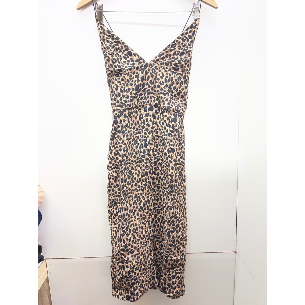 Topshop Leopard‎ Print Midi Dress Brown Tan Animal Spaghetti Strap V-Neck US 4